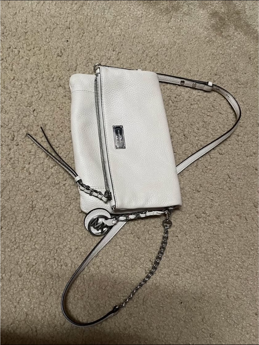 Michael Kors White Pebbled Leather Crossbody with Chain Trim